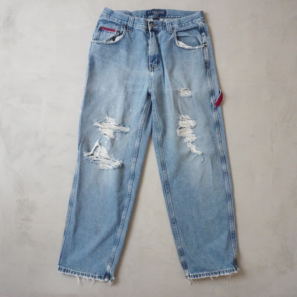 US Polo Assn Mens 36x32 Carpenter Jeans‎ Distressed Light Wash Denim Blue 8179